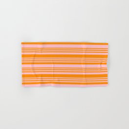 [ Thumbnail: Pink & Dark Orange Colored Lined Pattern Hand & Bath Towel ]