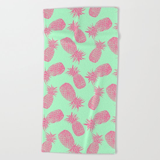 Pineapple Pattern - Mint & Crimson Beach Towel