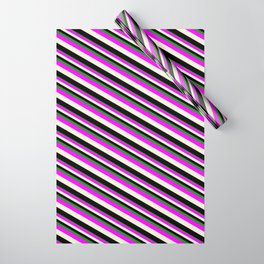 [ Thumbnail: Forest Green, Fuchsia, Beige, and Black Colored Lined/Striped Pattern Wrapping Paper ]