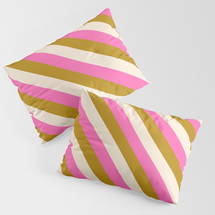 Hot Pink, Dark Goldenrod & Beige Colored Lined/Striped Pattern Pillow Sham
