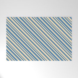 [ Thumbnail: Beige & Blue Colored Lined/Striped Pattern Welcome Mat ]