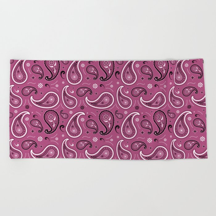 Black and White Paisley Pattern on Magenta Background Beach Towel