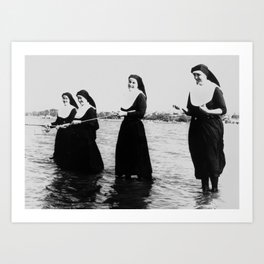 Nuns fishing in the sea a smiling Art Print