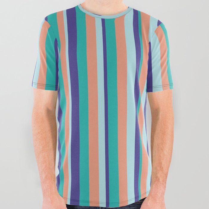 Light Sea Green, Dark Slate Blue, Powder Blue, and Dark Salmon Colored Striped Pattern All Over Graphic Tee