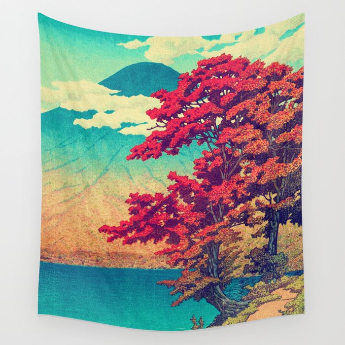 The New Year in Hisseii - Autumn Tree & Mountain by the Ocean Ukiyoe Nature Landscape in Red & Blue Wall Tapestry