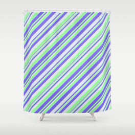 [ Thumbnail: Green, Medium Slate Blue, and Lavender Colored Lines Pattern Shower Curtain ]