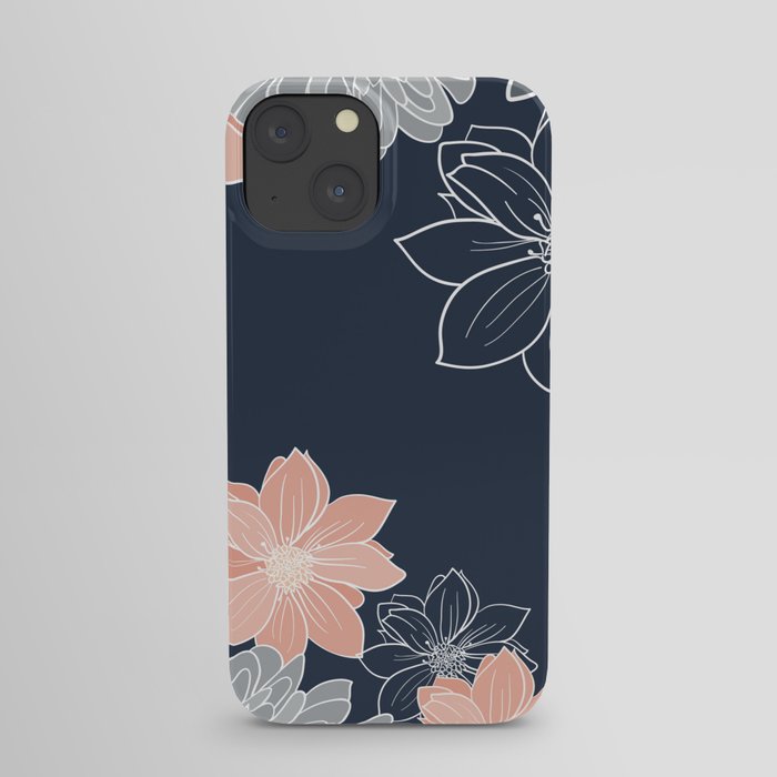 Festive, Floral Prints and Line Art, Navy Blue, Coral and Gray iPhone Case