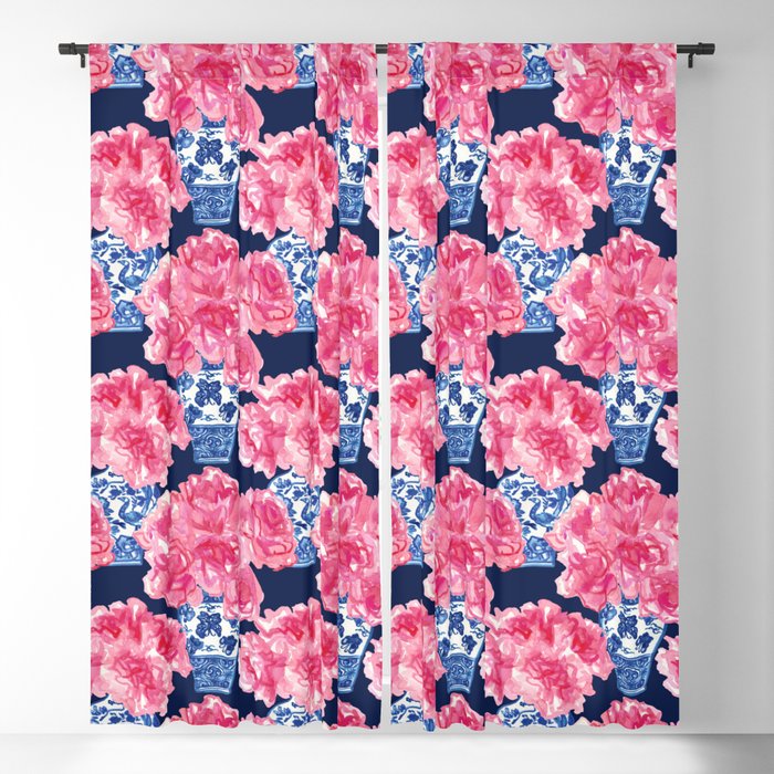 Watercolor Peony Bouquets in Blue Chinese Vases on Navy Blackout Curtain
