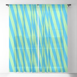 [ Thumbnail: Deep Sky Blue and Green Colored Striped/Lined Pattern Sheer Curtain ]