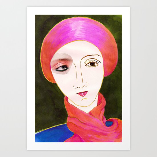CON LA BUFANDA ROSA Art Print