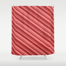 [ Thumbnail: Light Coral & Brown Colored Lined/Striped Pattern Shower Curtain ]