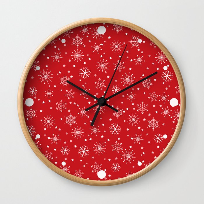 Red & White Snowflakes Pattern Wall Clock
