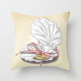 Wedding rings in a white shell and pink ribbon Throw Pillow