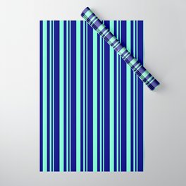 [ Thumbnail: Blue & Aquamarine Colored Lines/Stripes Pattern Wrapping Paper ]