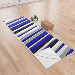 [ Thumbnail: Blue, Dark Grey, White, and Black Colored Stripes/Lines Pattern Yoga Towel ]