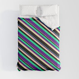 [ Thumbnail: Green, Indigo, Beige, and Black Colored Striped Pattern Comforter ]