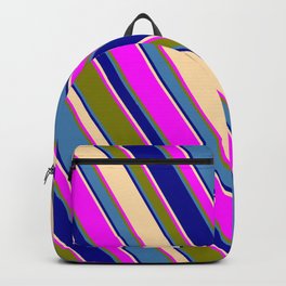 [ Thumbnail: Blue, Dark Blue, Tan, Fuchsia, and Green Colored Stripes/Lines Pattern Backpack ]
