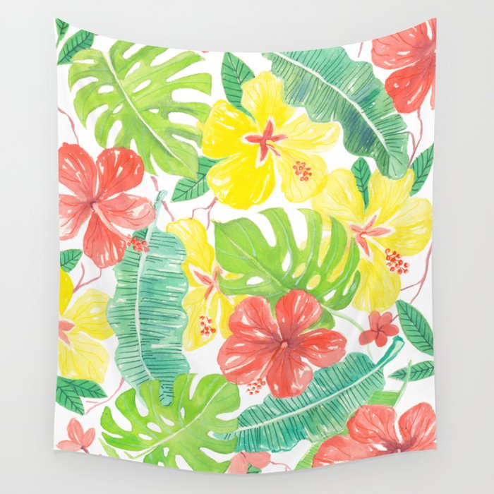 Tropical garden, hibisus, plumeria and palm leaves Wall Tapestry