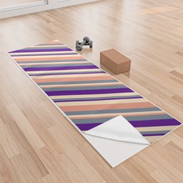 [ Thumbnail: Slate Gray, Indigo, Bisque & Dark Salmon Colored Stripes/Lines Pattern Yoga Towel ]