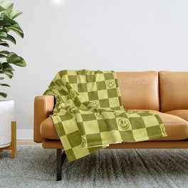 Yellow/Olive Color Smiley Face Checkerboard Throw Blanket