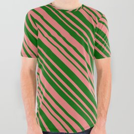 [ Thumbnail: Dark Green & Light Coral Colored Lined/Striped Pattern All Over Graphic Tee ]