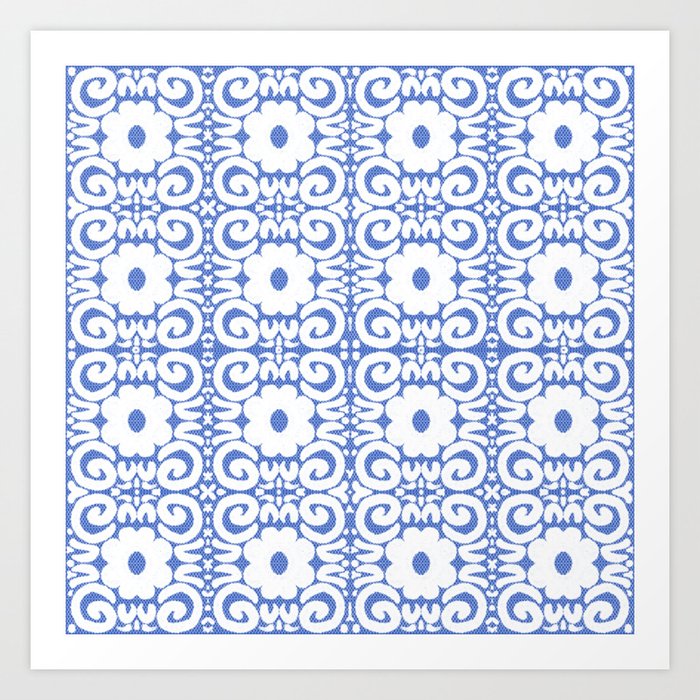 Retro Daisy Flower Lace White On Blue Art Print