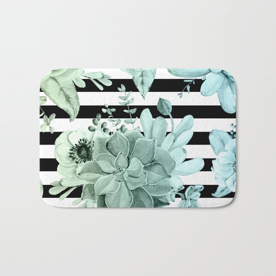 Simply Succulent Garden Striped in Turquoise Green Blue Gradient Bath Mat