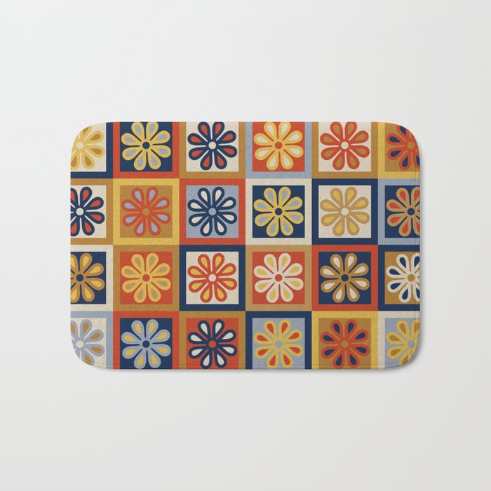 Retro Colorful Flower Checkerboard Bath Mat