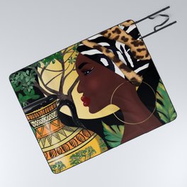 African woman,vase ,fashion art ,black background ,round  earrings. Picnic Blanket