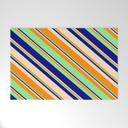 [ Thumbnail: Light Green, Blue, Bisque, and Dark Orange Colored Stripes/Lines Pattern Welcome Mat ]