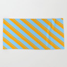 [ Thumbnail: Orange & Light Sky Blue Colored Striped/Lined Pattern Beach Towel ]