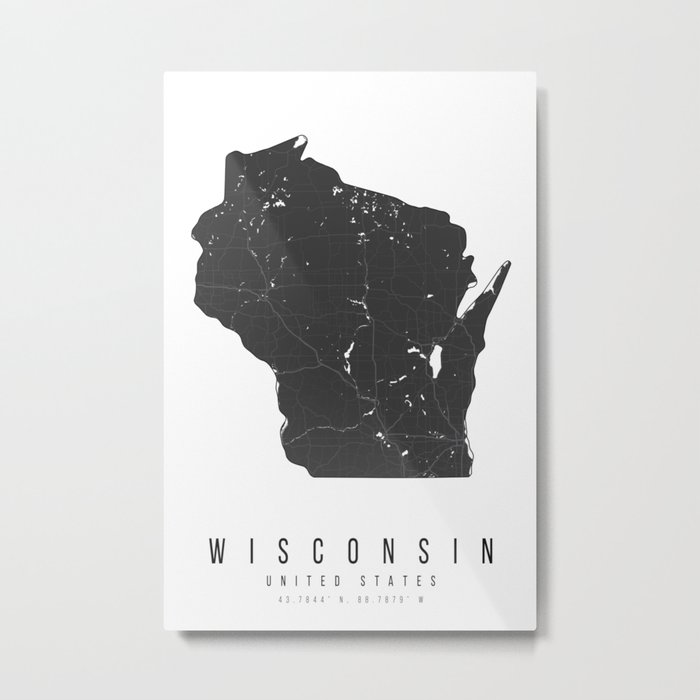 Wisconsin Mono Black and White Modern Minimal Street Map Metal Print