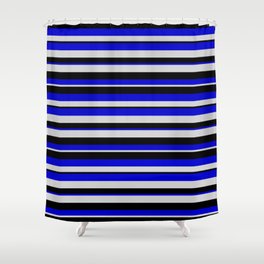 [ Thumbnail: Blue, Light Gray & Black Colored Striped Pattern Shower Curtain ]
