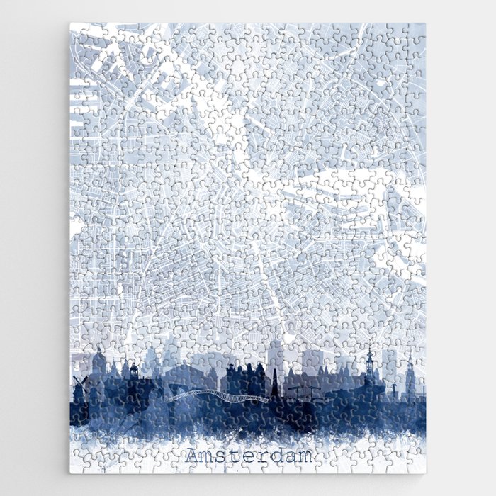 Amsterdam Skyline Map Watercolor Navy Blue, Print by Zouzounio Art Jigsaw Puzzle