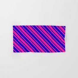 [ Thumbnail: Deep Pink & Blue Colored Lined/Striped Pattern Hand & Bath Towel ]
