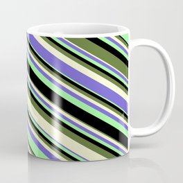 [ Thumbnail: Eye-catching Green, Black, Dark Olive Green, Light Yellow, and Slate Blue Colored Stripes Pattern Coffee Mug ]