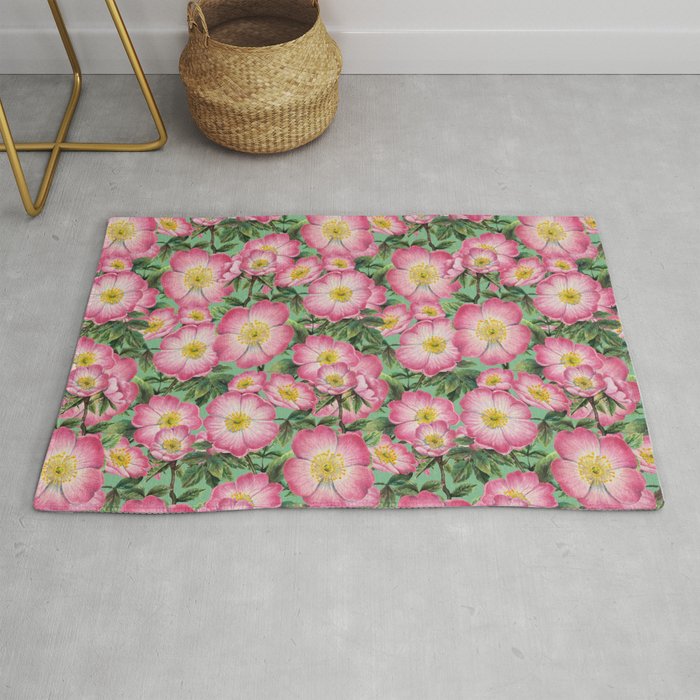 Wild roses pink - green background Rug