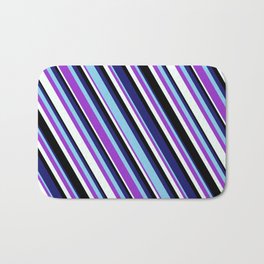 [ Thumbnail: Vibrant Midnight Blue, Sky Blue, Dark Orchid, Mint Cream, and Black Colored Lined/Striped Pattern Bath Mat ]