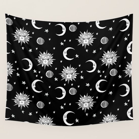 Linocut black and white sun moon and stars outer space zodiac astrology