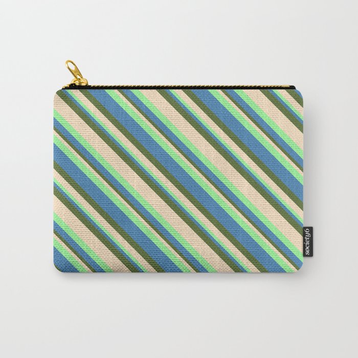 Green, Blue, Dark Olive Green, and Bisque Colored Striped/Lined Pattern Carry-All Pouch
