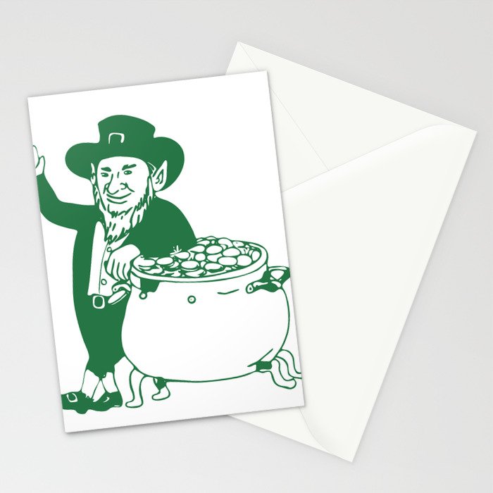 Green Leprechaun Standing By Pot Of Gold Drawing Stationery Cards By Patrimonio Society6