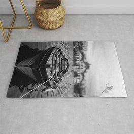 Ships in the blue harbor with seagull portrait black and white photograph / photography Area & Throw Rug