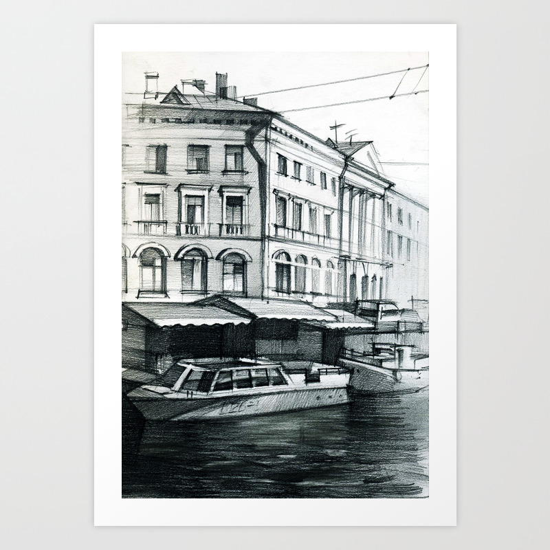 Drawing With A Graphite Pencil Of A City Landscape Yachts On