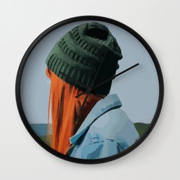 Red head girl with beanie and jeans jacket outdoors Wall Clock