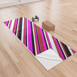 [ Thumbnail: Fuchsia, Red, Mint Cream, and Black Colored Pattern of Stripes Yoga Towel ]