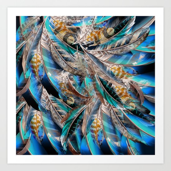 Fashion pattern with blue feathers. Trendy design Art Print