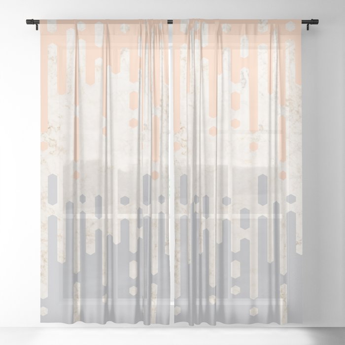 Marble and Geometric Diamond Drips, in Grey and Peach Sheer Curtain