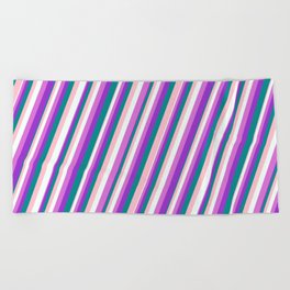 [ Thumbnail: Eye-catching Pink, Mint Cream, Orchid, Dark Orchid & Dark Cyan Colored Stripes Pattern Beach Towel ]