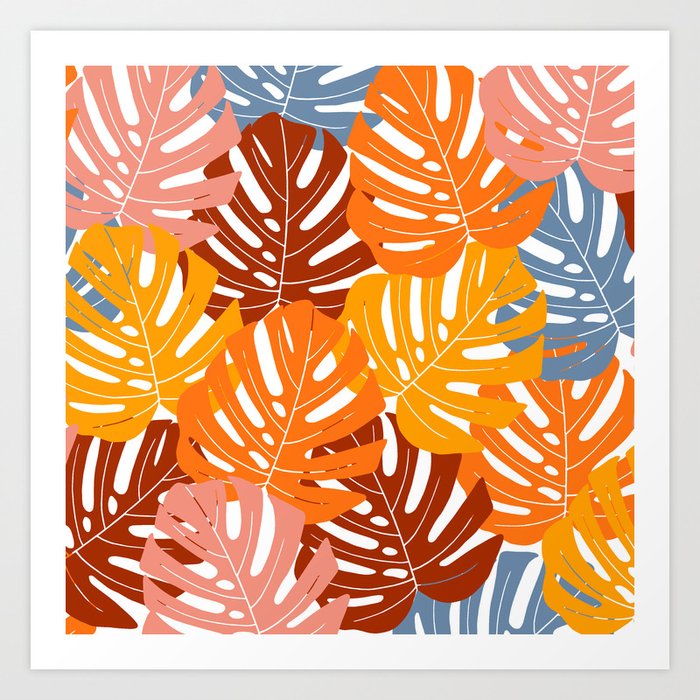 Orange monstera leaf Art Print