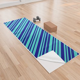 [ Thumbnail: Turquoise and Dark Blue Colored Lined/Striped Pattern Yoga Towel ]